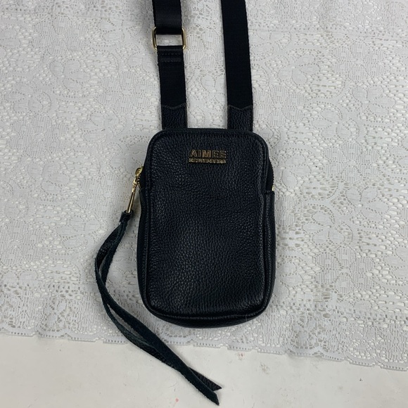 Aimee Kestenberg Black Leather Crossbody Bag Gold Zip & logo Camo Lined Tassel - Picture 9 of 13